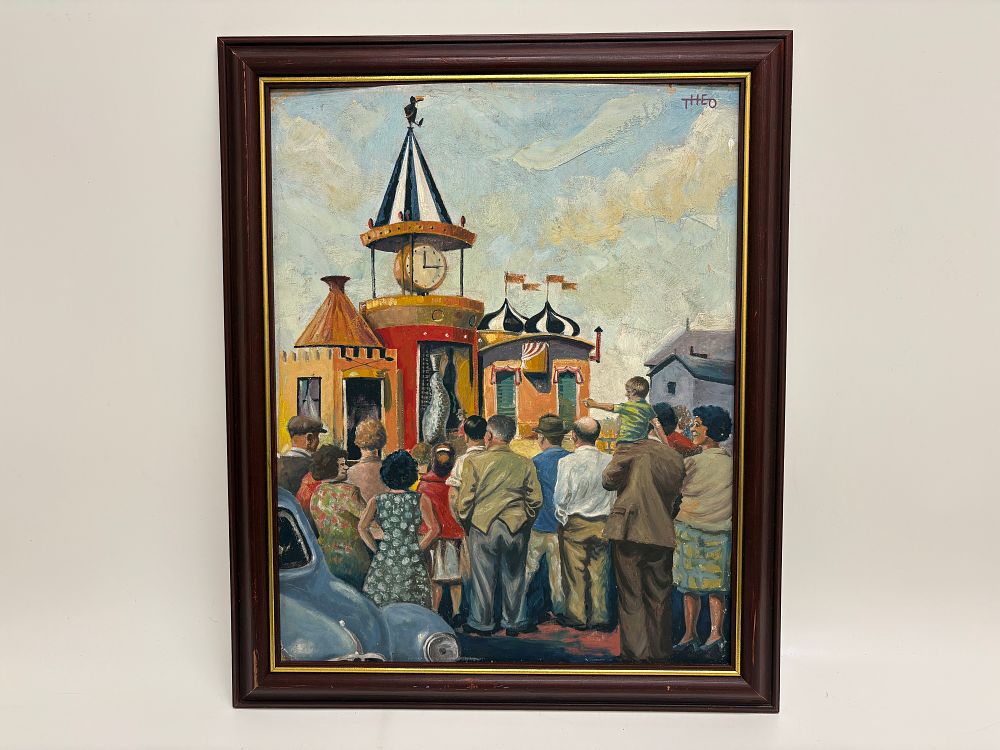Lot 591: Theo, Oil on Board, The Guinness Clock South Shields 1950s 48x58
