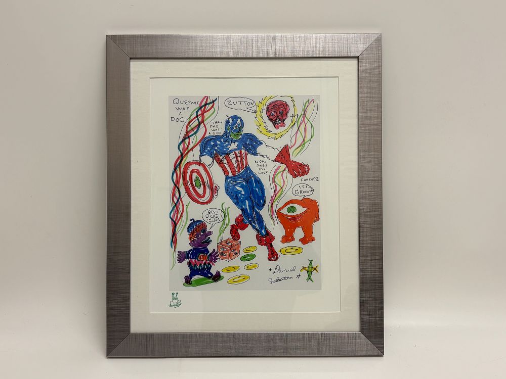 Lot 592: Daniel Johnston, Captain America and Surreal Imagery 46x54cm