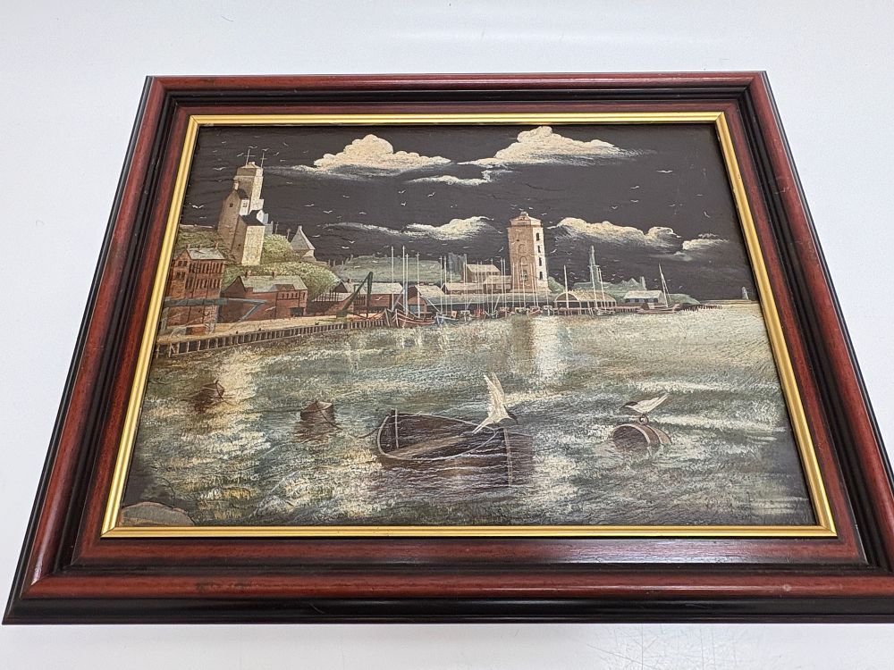 Lot 593: 20th Century Folk Art Harbour Scene Oil on Panel