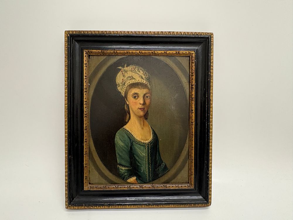 Lot 598: European School, Portrait of a Girl Oil on Panel,  characteristic of a Late 18th Century 31x38cm