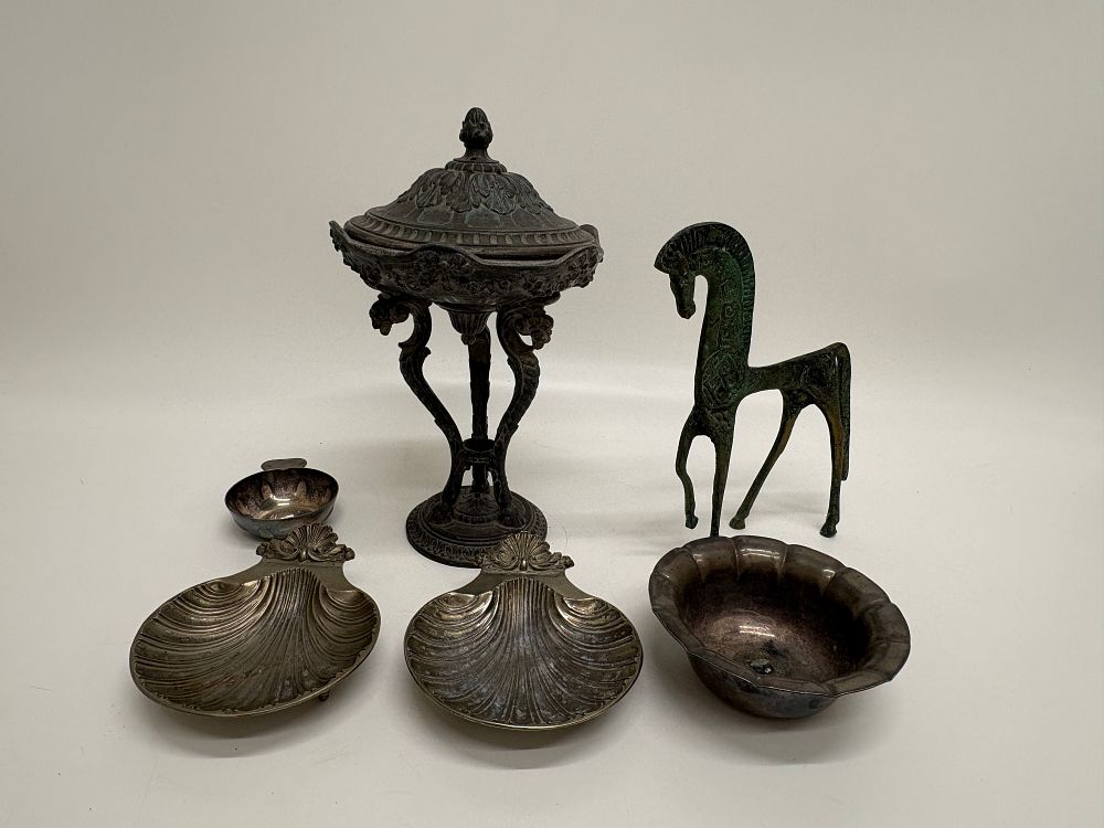Lot 604: A Collection of Decorative Metalware Including Silver Plate and Bronze Ornaments