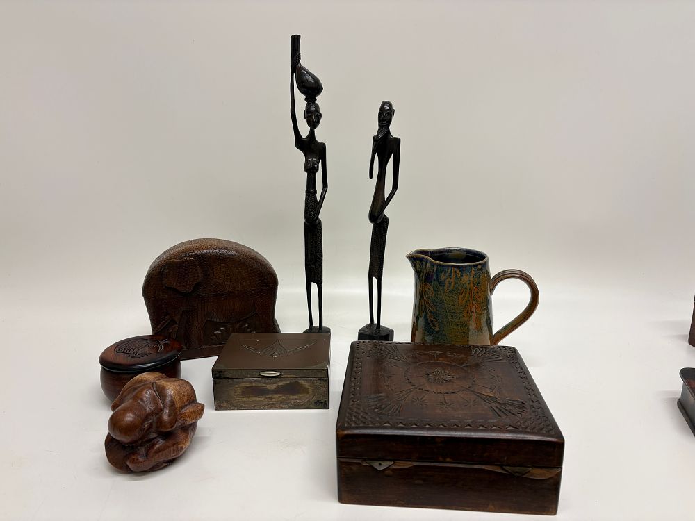 Lot 606: A Collection of Carved Wood and Metal Decorative Items Including African Figurines