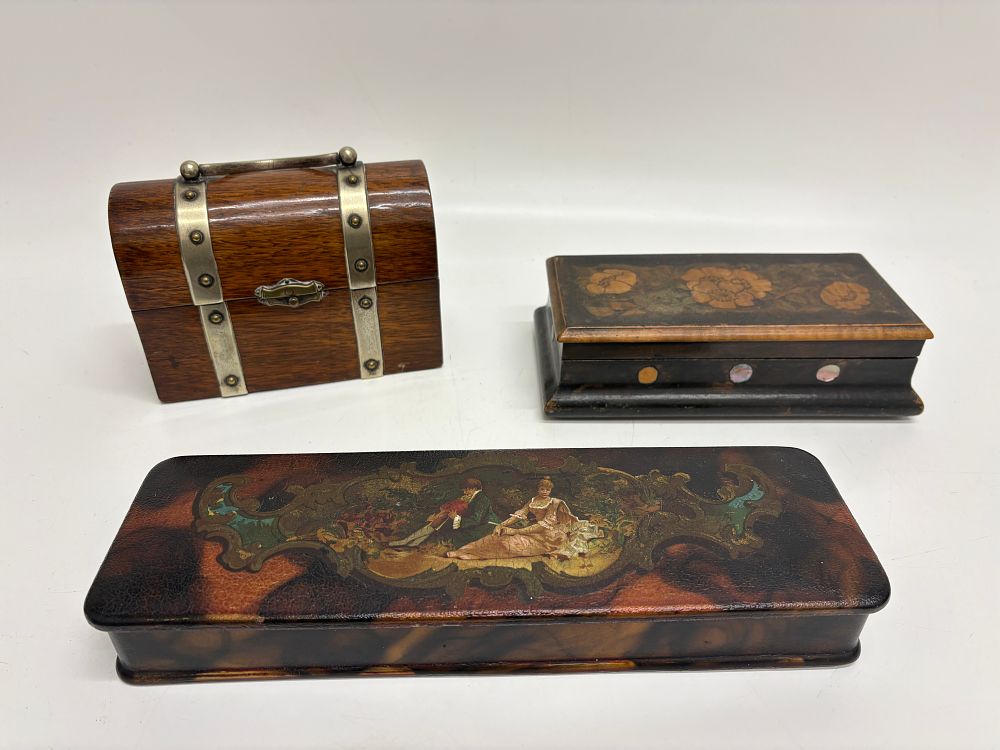 Lot 607: A Trio of Antique Decorative Boxes including Scent Bottle Casket and Work Boxes