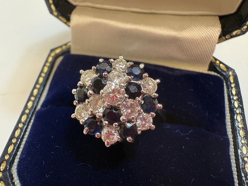 Lot 11: Sapphire and Diamond 18ct White Gold Cocktail Cluster Ring gross circa 5.6g size Q