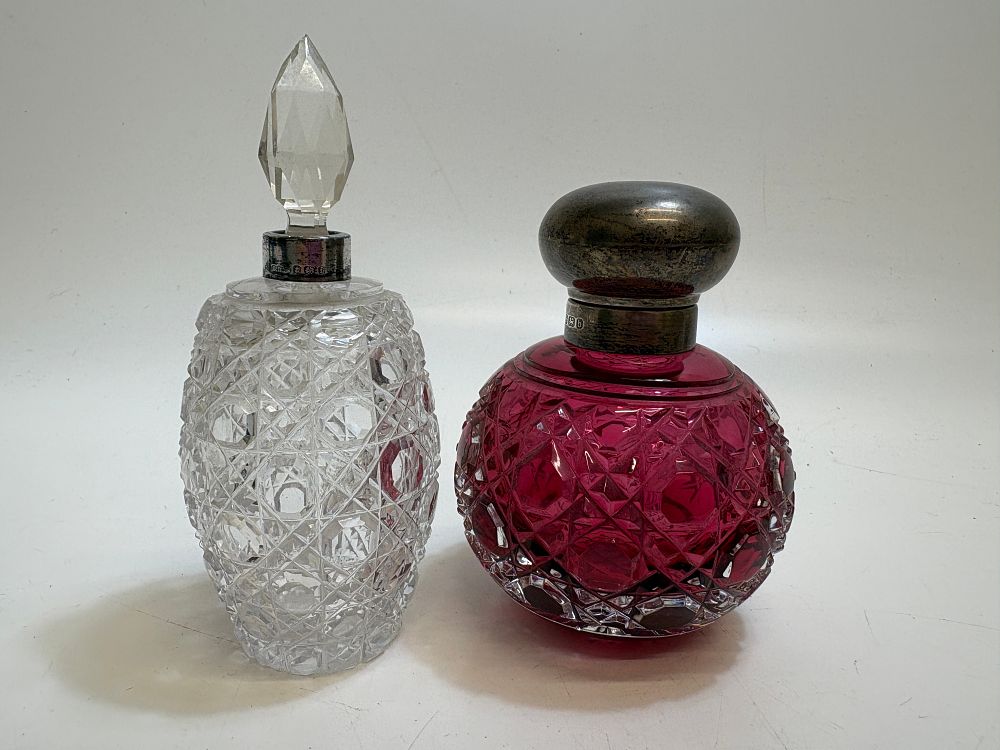 Lot 13: Two Edwardian and Later Sterling Silver Mounted Cut Glass Scent Bottles
