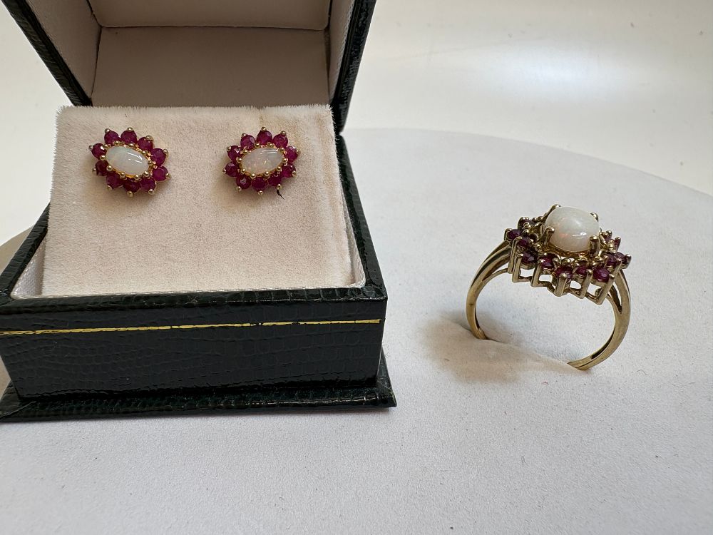 Lot 21: A 9ct Yellow Gold Opal and Ruby Cluster Ring groox circa 3.59g and Matching Stud Earrings gross circa 1.15g