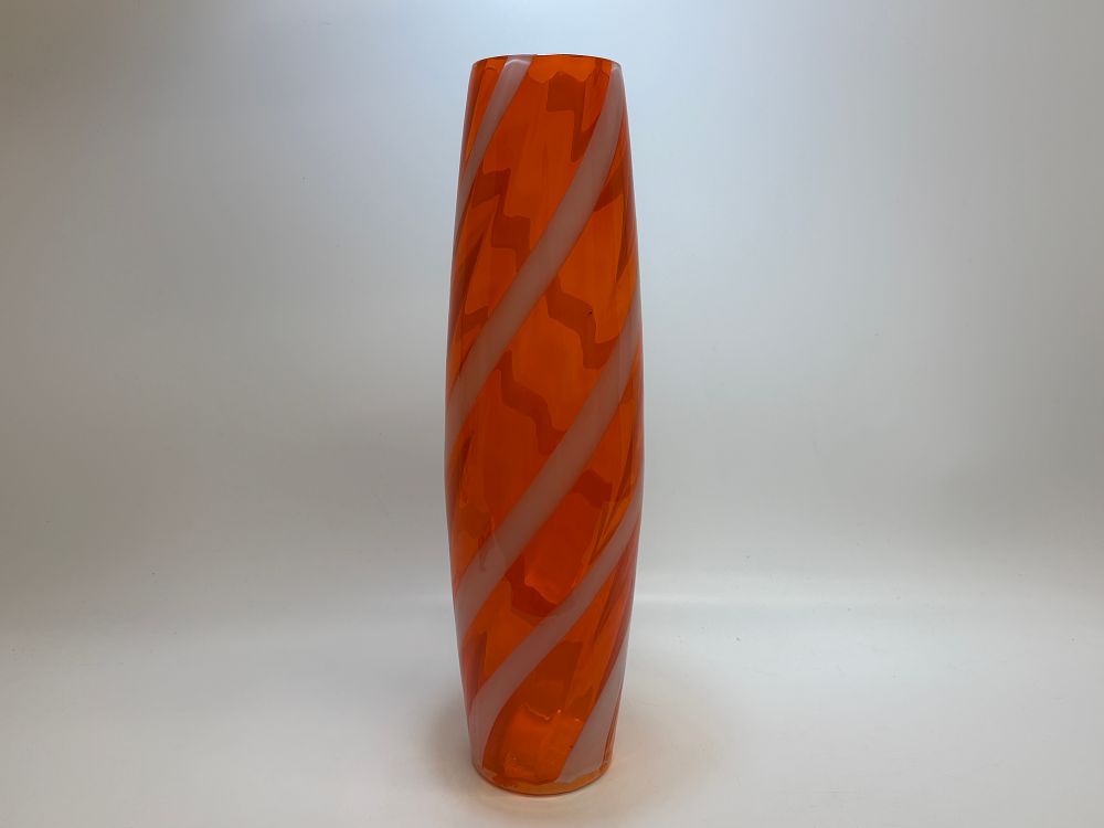 Lot 627: Large Italian Hand Blown Orange and White Stripe Art Glass Pillar Vase 49cm