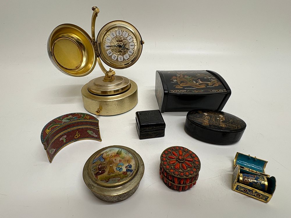 Lot 697: An Assortment of Decorative Objects Including a Windmill Globe Alarm Clock and Various Trinket Boxes