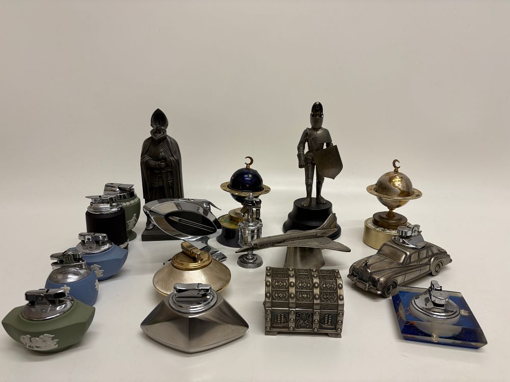 Lot 702: An Assortment of Vintage Novelty Table Lighters and a Two-Bottle Tantalus