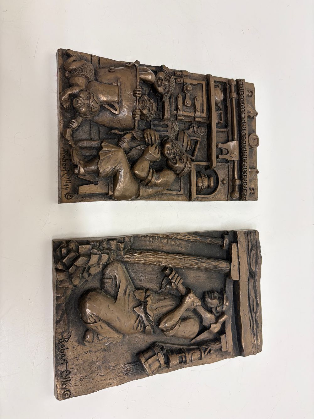 Lot 706: Robert Olley, A Pair of Cold Cast Bronze Mining Relief Plaques