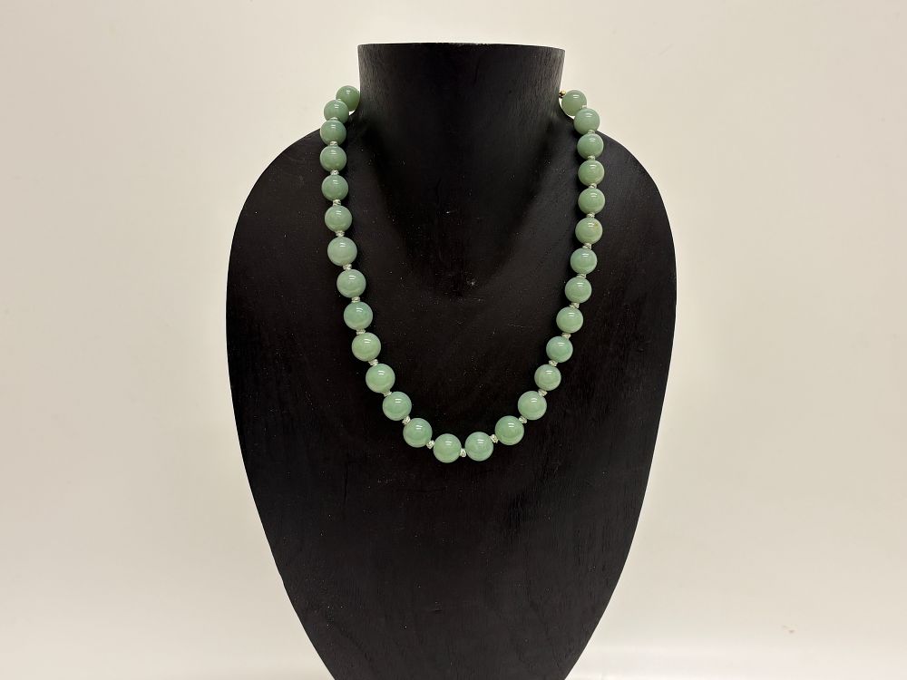 Lot 50: Chinese Export Silver Gilt Celadon Green Jade Bead Necklace