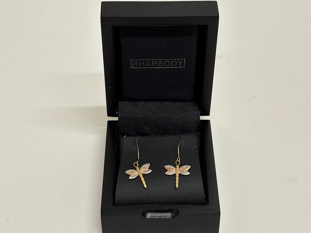 Lot 28: A Pair of Tri-Colour 9ct Gold Dragonfly Drop Earrings Gross Circa 0.5g