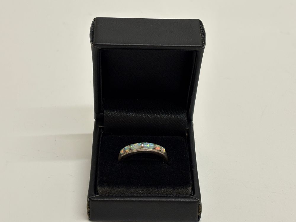Lot 31: Silver Opal Inlay Half Eternity Band Ring Gross Circa 3.4g Size Q