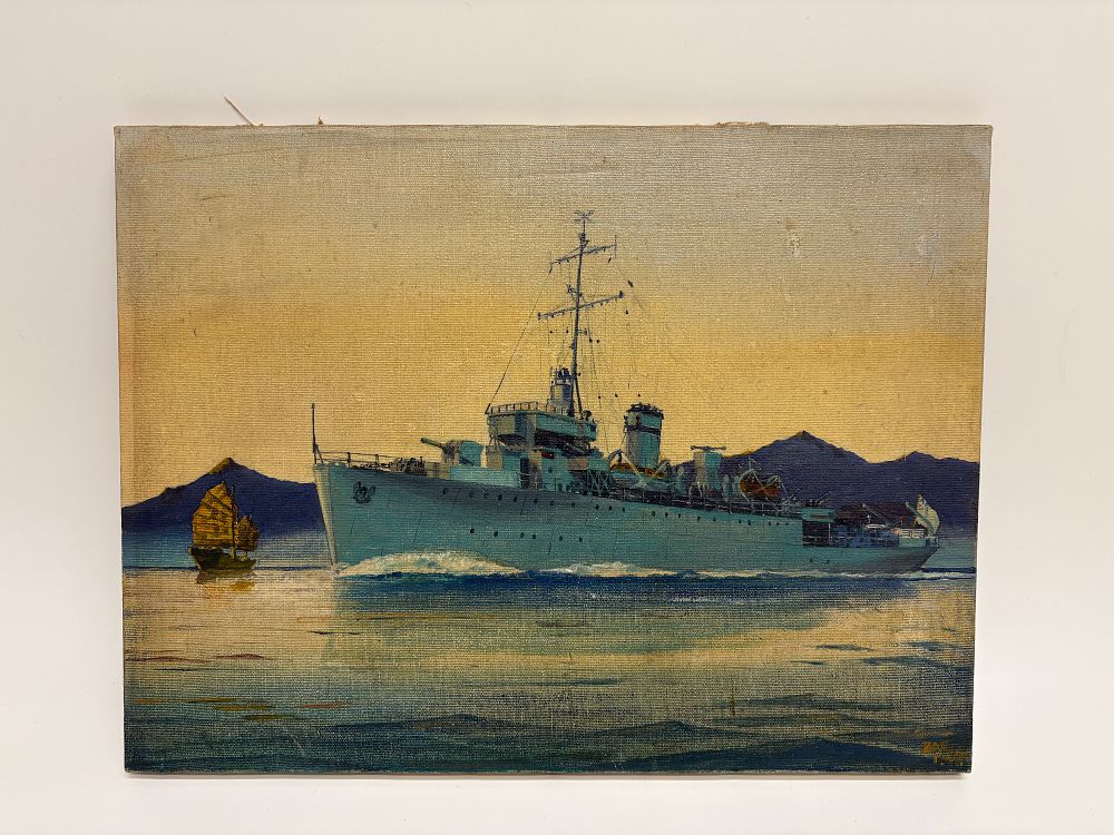 Lot 723: Roe (1947), Oil on Canvas Painting of a British Destroyer in East Asia  40x31cm
