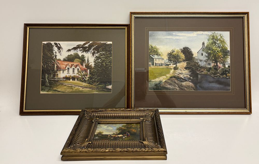 Lot 728: Binley Aris 'Village Almshouses' and Two Other Landscape Works (Signed)