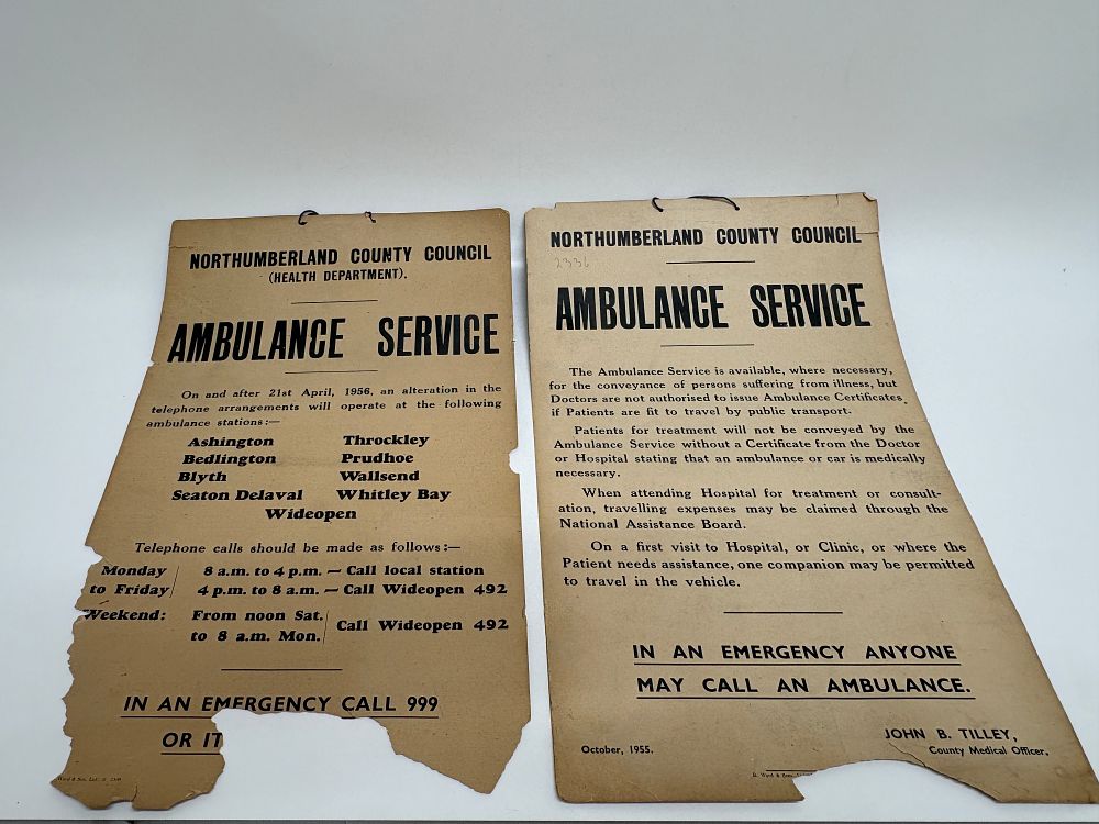 Lot 743: Two Northumberland County Council Ambulance Service Notices, 1955-1956