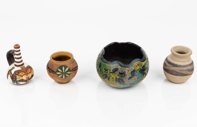 Native Am & Peruvian Pottery, Gourd Bowl. There are two small pottery pieces less than 3" H and