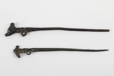 Inca Copper Pins (2). South American Inca copper pins, llama head on one and bird head on the