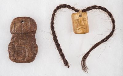 Inca /Chavin / Moche Pendants (2). Carved llama bone cat face / zoomorphic and biconical drilled