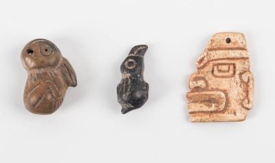 Moche Chavin Pendants / Pendant Beads (2). Clay rabbit, clay bird, and a shell ear pendant with