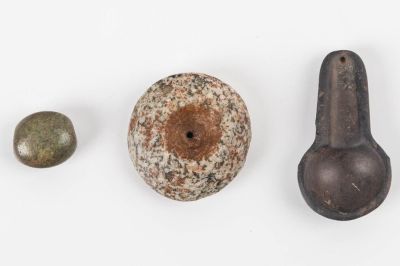 Pre-Columbian Pendants / Spoon. All beads are biconically drilled, the large round is approx