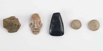 Pre-Columbian Jade and Stone Artifacts. Five items including a dark green jade axe approx 1.75"