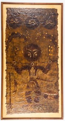 Original Art on Bark of a Headhunter. Painted on bark unknown artist and glued to canvas