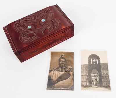 Maori Carved Box w/2 vintage Maori Postcards. Mother of pearl eyes on carved box (5" x 9" x