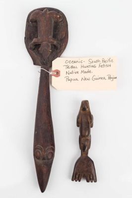 Hunting Fetish and Carved Figure. The tribal hunting fetish is a frog on a bird and native made