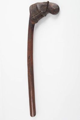 19th C Tribal War Club. Tribal war club "skull cracker" is African with a braided leather wrap