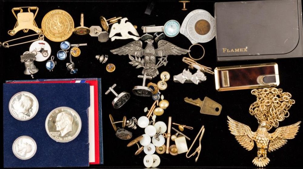 Cufflinks, Tie Bars, Coins, & Lighter. Tray of culfflinks, tie bars and tacks, a 3 3/4" wing 
