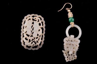 Chinese Jade Earring + Brooch. A Chinese jade earring with some loss on bottom, made in a 