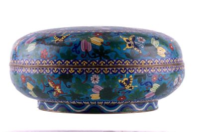 Large Lidded Cloisonne Round Box. A large lidded cloisonne circular / round box measuring 