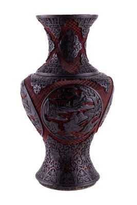 Large Cinnabar Vase. Cinnabar vase measures approx. 17" high x 9" in diameter. Vase has four 