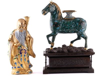 Two Cloisonne Figures (Horse and Elder). Two cloisonne figures, one of a green colored gilt 