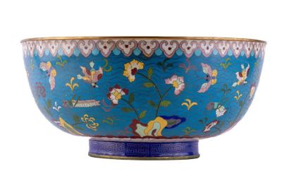 Large Early Cloisonne Blue Punchbowl. A Large Cloisonne punch bowl with a four character 