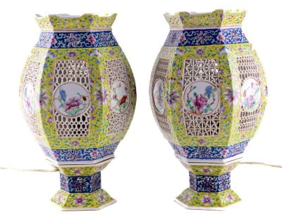 Pair of Chinese Floral Wedding Lamps. A pair of Chinese floral wedding lamps measuring approx. 