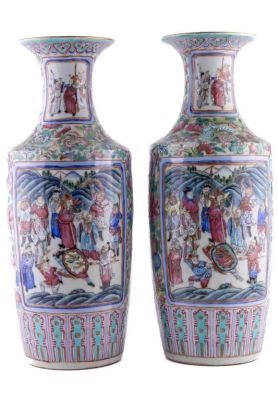 19th C Chinese Vases (Pair) Warrior/Court Scene. A pair of warrior and court scene vases with 