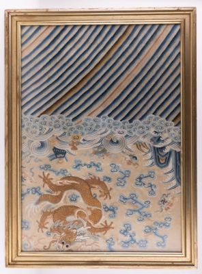 Dragon Silk Embroidery w/ Gold Thread Dragon. An embroidery depicting a golden dragon in golden 