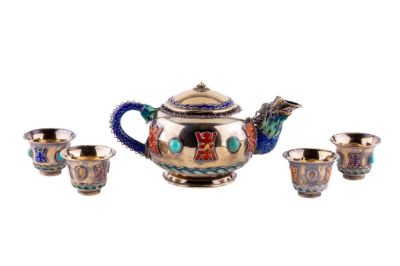 Chinese Silver Enameled Teapot w/ Four Cups. A Chinese silver enameled teapot with cups. Teapot 