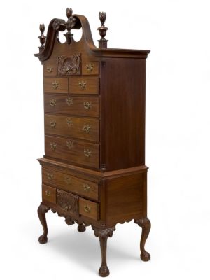 Chippendale Style Highboy w/ Torch finials, shell motif, carved ball feet. Measures approx. 89? 