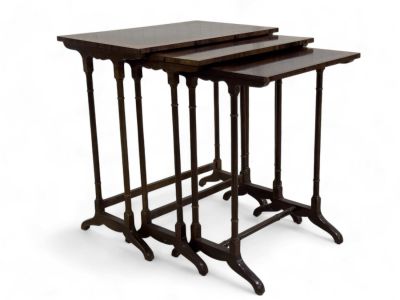 5 Nesting Tables w/ Inlay. Set of 5 nesting tables made from walnut. Tallest measures approx. 