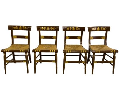 Rush Seat Side Chairs w/ Beehive Decor. Three rush seat side chairs with painted beehive and 