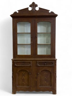19th C. Two Piece Cabinet. A 19th Century two piece cabinet with glass cabinet windows. Three 
