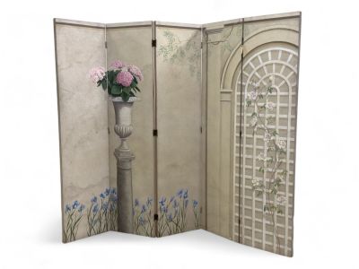Silvere Boureau Vintage Screen, 5 Panel. A vintage screen with art by Silvere Boureau, depicting 
