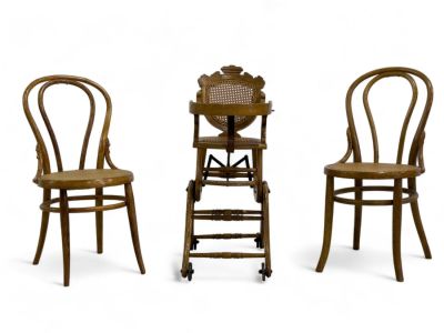 Oak Highchair and Two Side Chairs. The Victorian highchair measures 36? H with a cane back and 