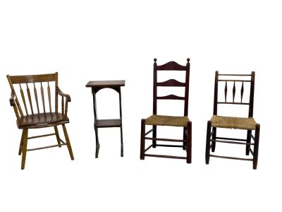 Antique/Antique Style Chairs, Side Table. Grouping includes a wicker bottom chair, a rush bottom 