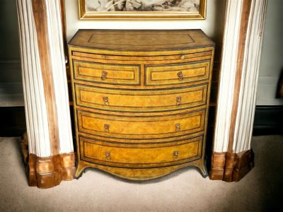 Maitland Smith Leather Wrapped Bachelor's Chest. Georgian style, gilt-tooled brown leather 