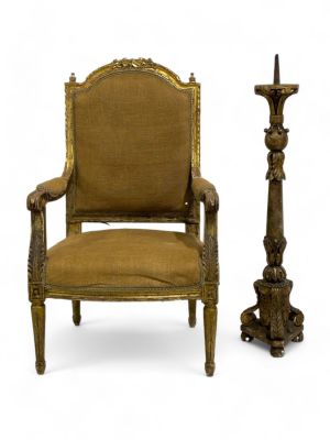 Gilded Armchair w/ Carvings, Tall Candle Stand. A gilded armchair with bottom and back cushions. 