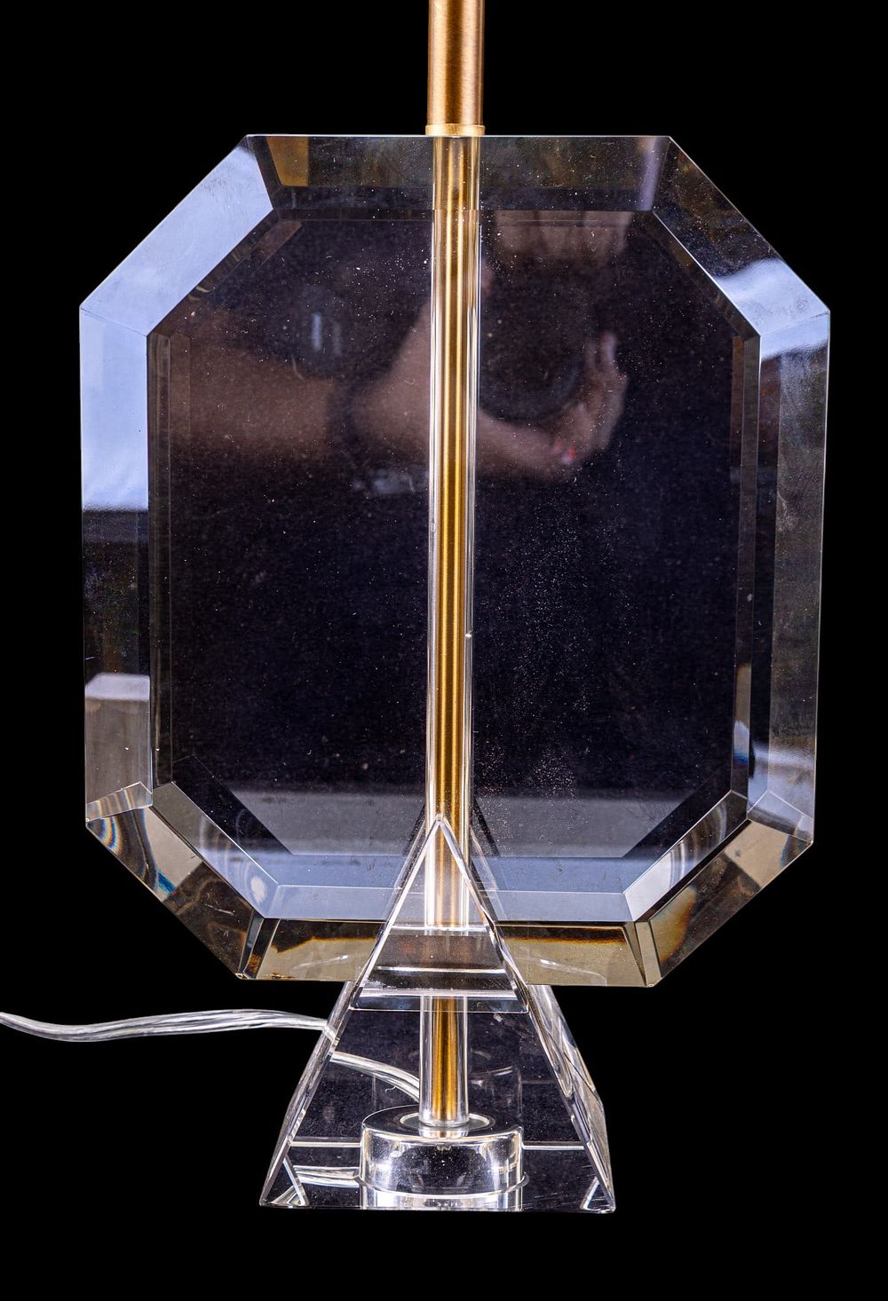 Clear Art Crystal Lamp. A clear art crystal lamp beveled edge measuring approx. 25" high w/ harp 